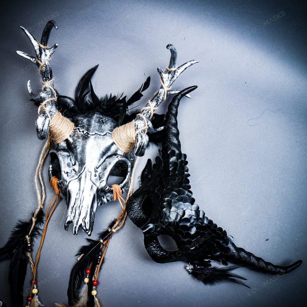 Animal Deer Horns Devil Masquerade Party Mask w/ Women Long Horns Black Mask